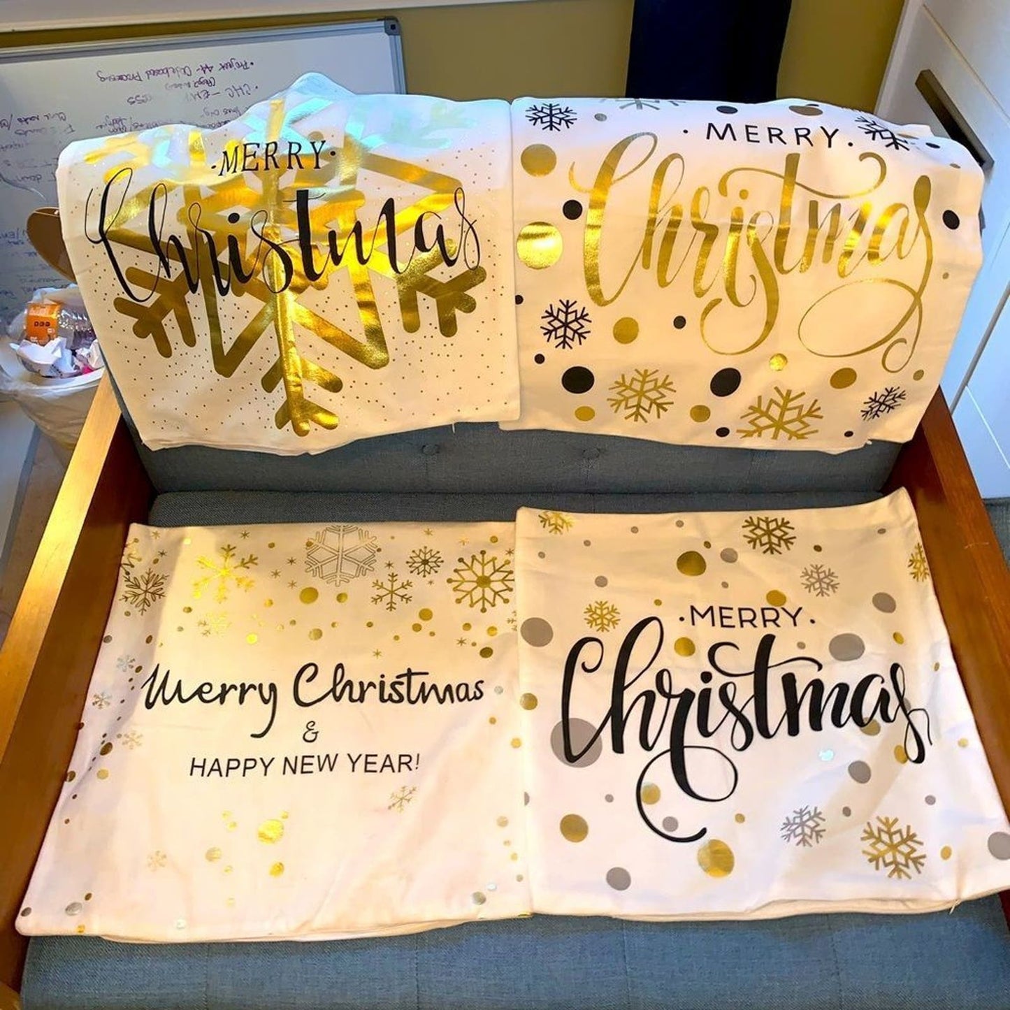 Set 4 White gold/silver Christmas New Year's pillow covers