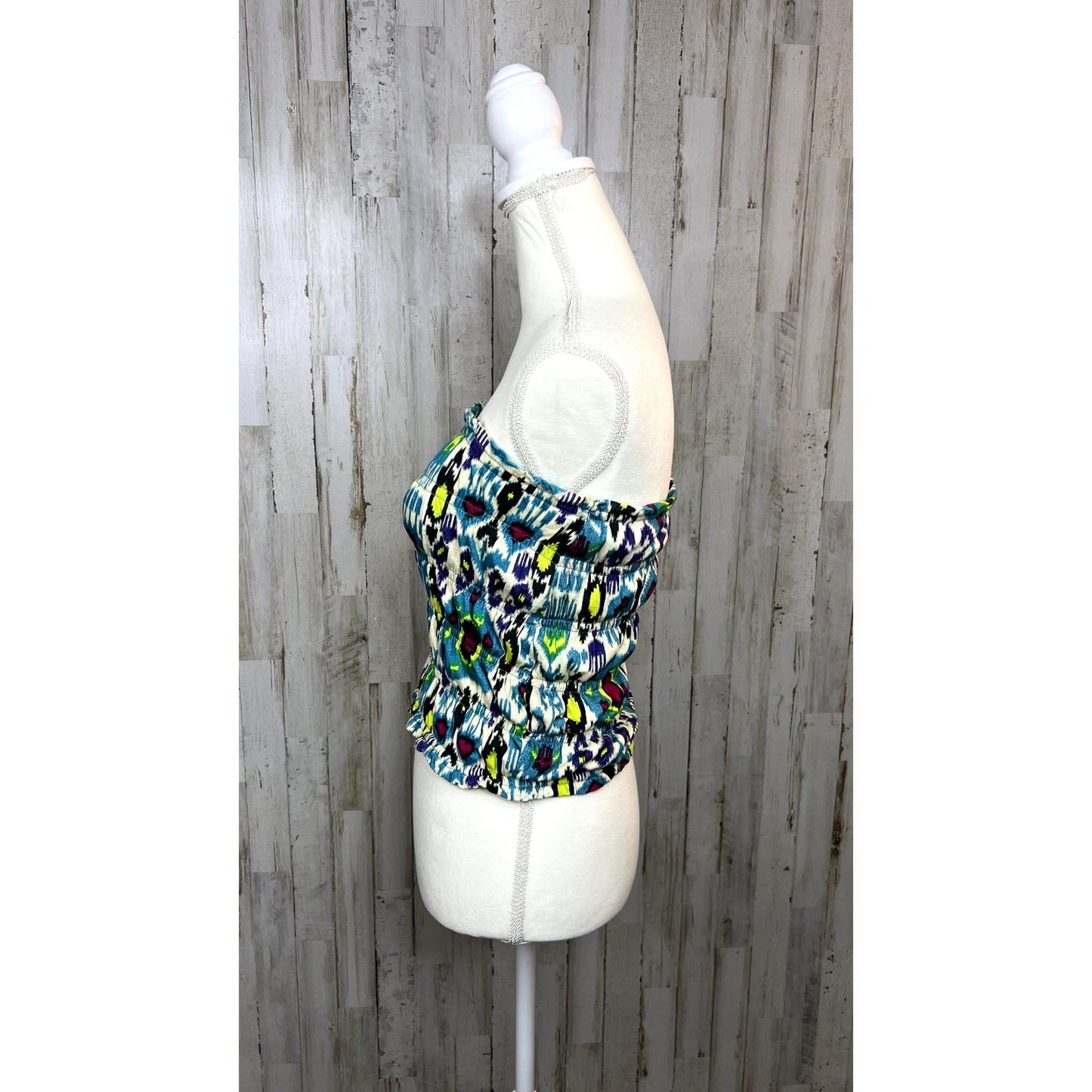 Anthropologie Women's Smocked Tube Top XS Blue/Green Ikat Print Strapless Tank