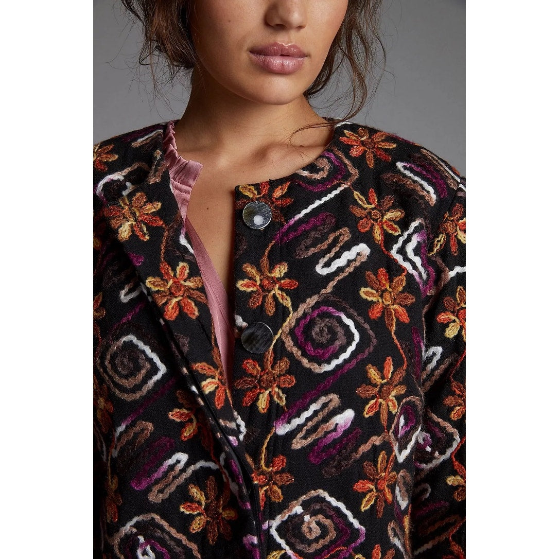 Anthropologie Women's XS Floral Embroidered Overcoat Multicolor Casual