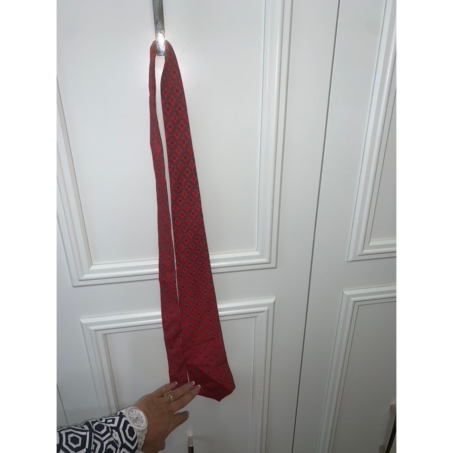 MCM Men's Red Geometric Silk Tie Fashion Classic Length Adjustable
