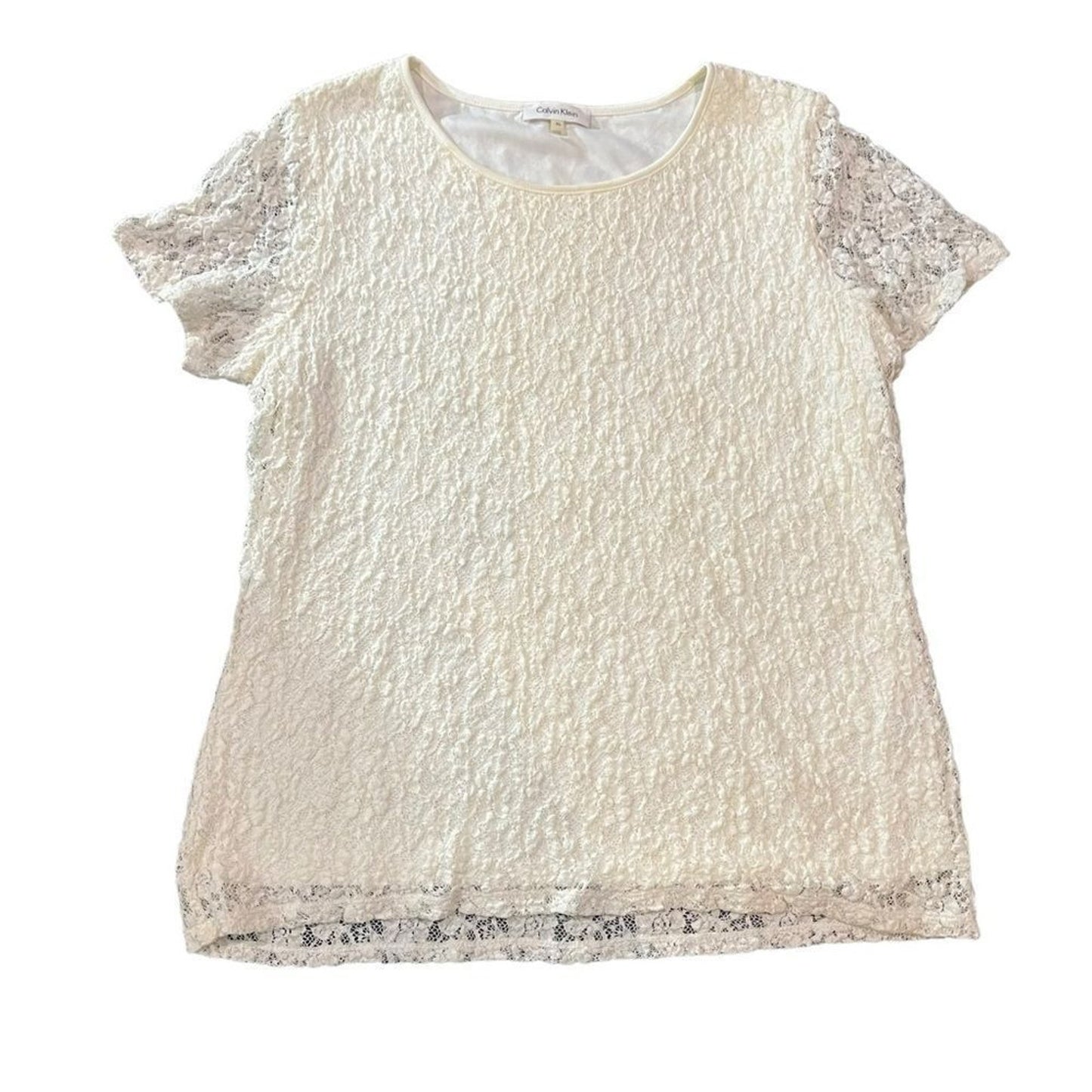 Calvin Klein Blouse Womens XL Ivory Floral Lace Short Sleeve Lined Top