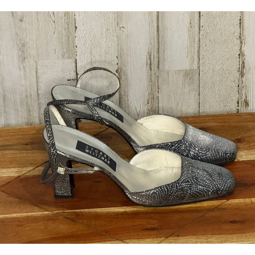 Stuart Weitzman Women's Silver Strappy Block Heels Formal Size 9