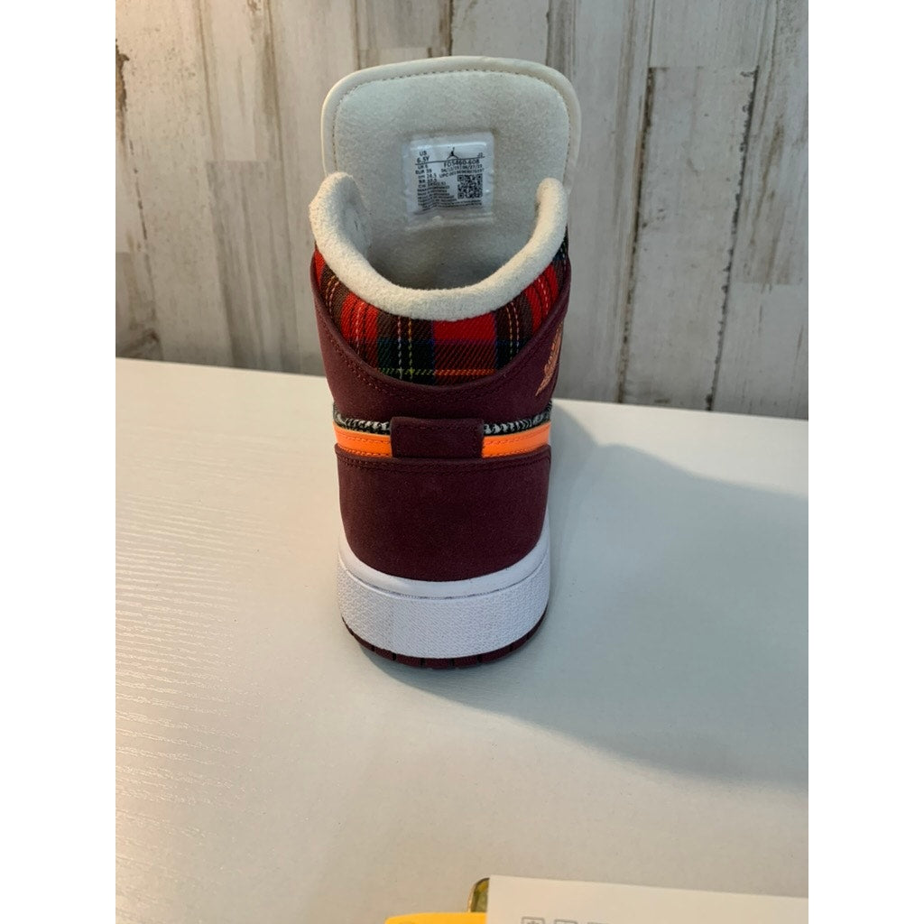 Nike Air Jordan 1 Mid SE GS Plaid Maroon Size 6.5Y No Laces