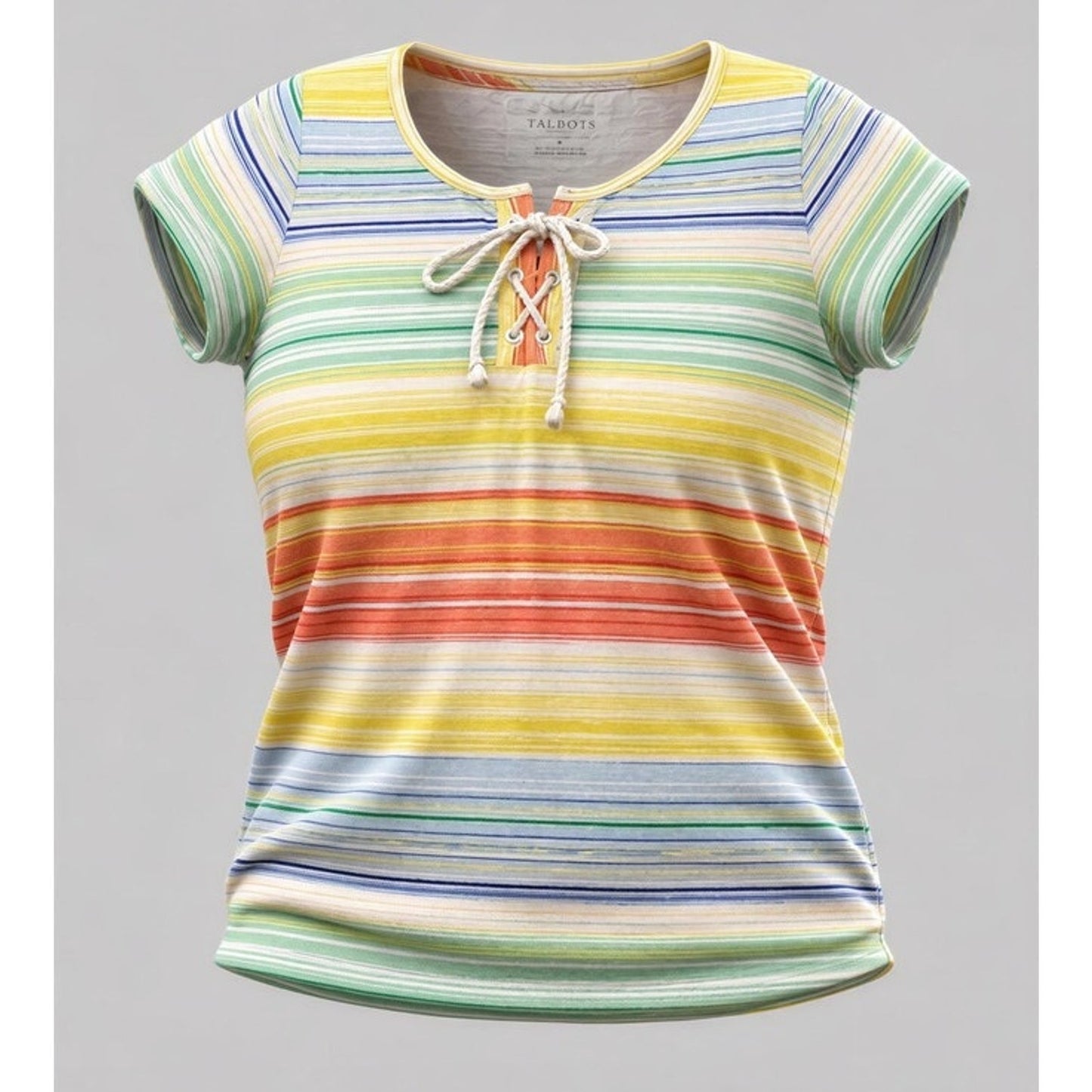 Talbots Petites T-Shirt Womens Small Multicolor Rainbow Stripe Lace-Up Neck