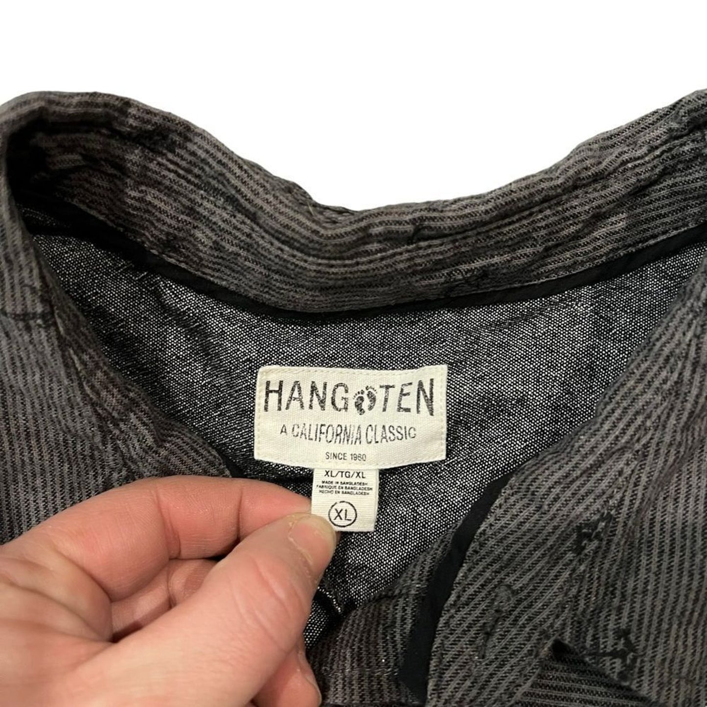Hang Ten Button-Up Shirt Men's XL Gray Short Sleeve Palm Tree Print Pocket