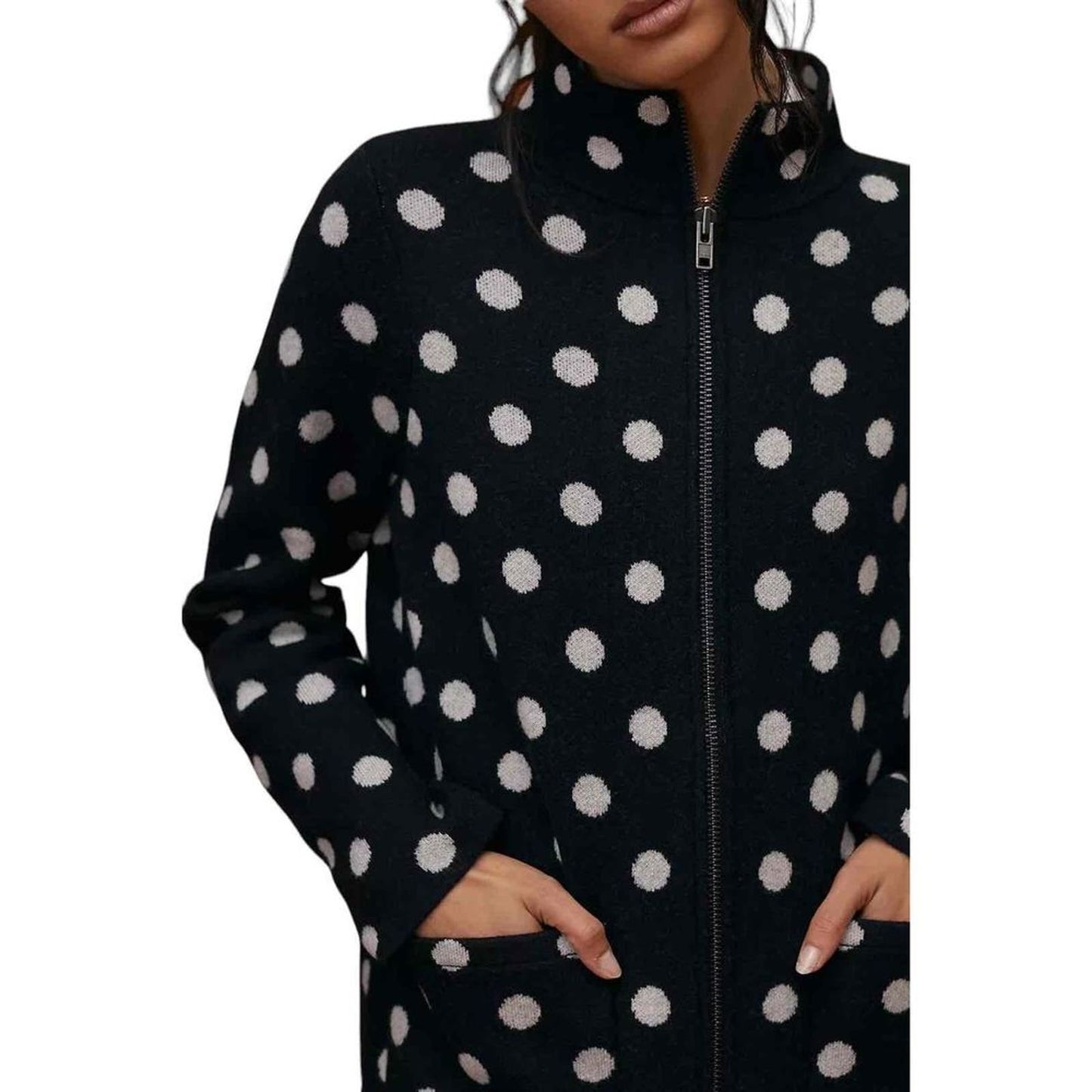 NWT Anthropologie Field & Flower Polka Dot Wool Sweater Coat Black Petite Medium