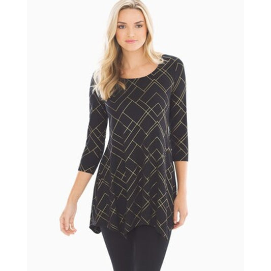 Soma Women's Medium Black & Gold Geometric Print 3/4 Sleeve Tunic Blouse