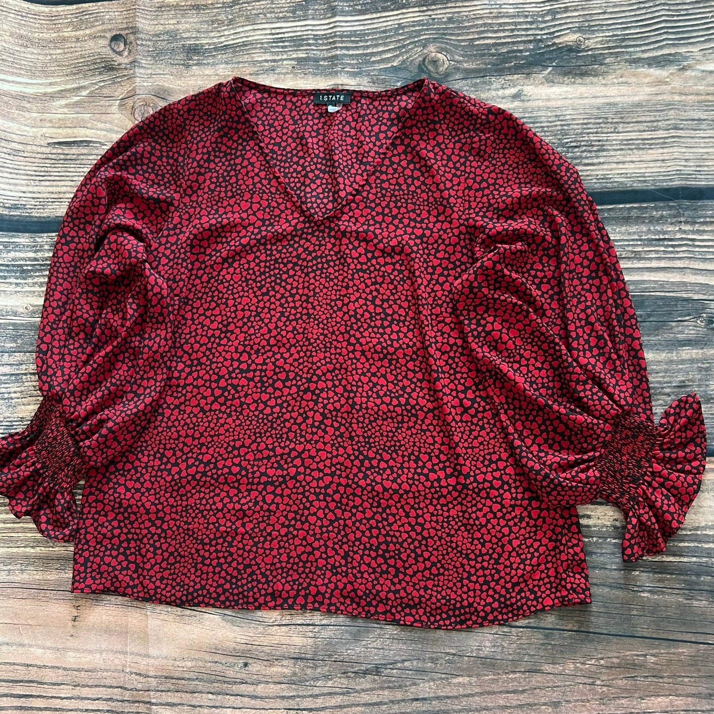 1. State Women's XL Red Heart Print V-Neck Blouse Ruffle Sleeves