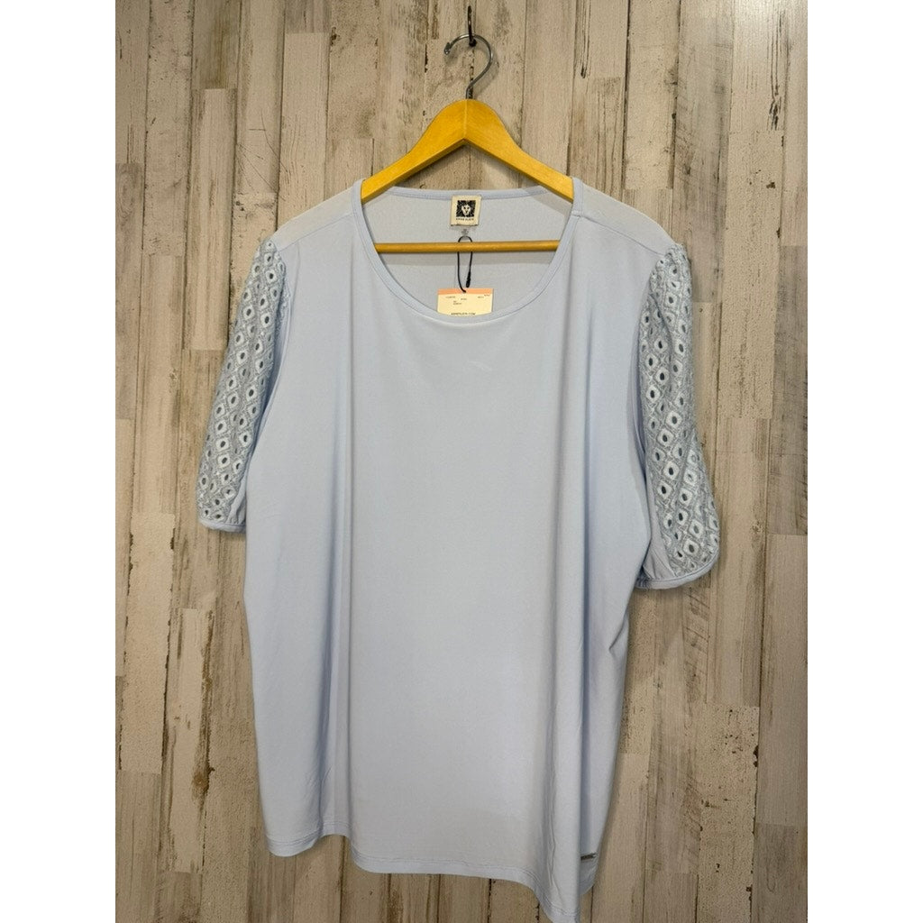 NWT Anne Klein Women's 2XL Blue Lace Accent Short Sleeve Blouse Top