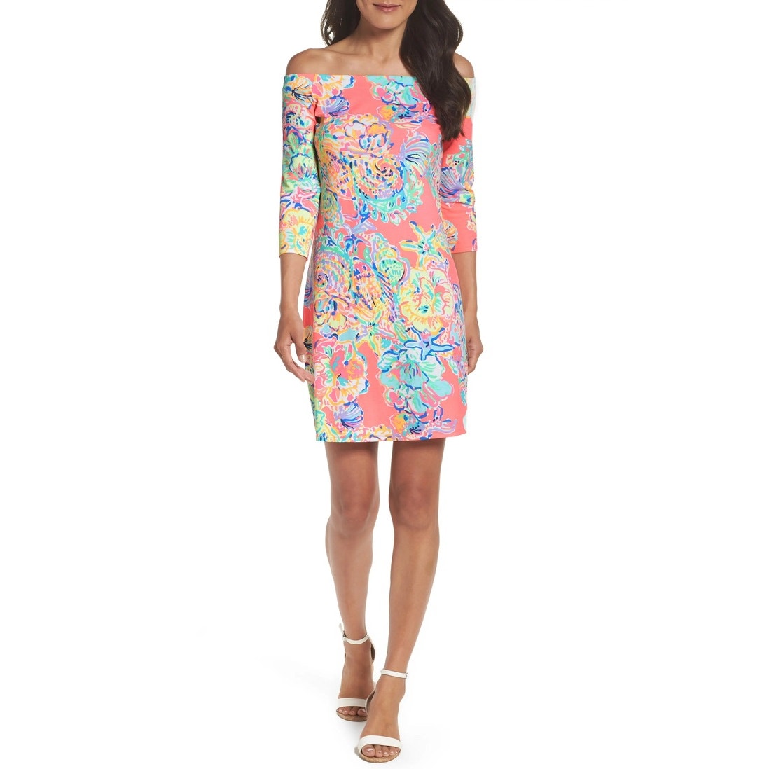 Lilly Pulitzer XXS Pink Off-The-Shoulder Dress Coral Reef Print Casual