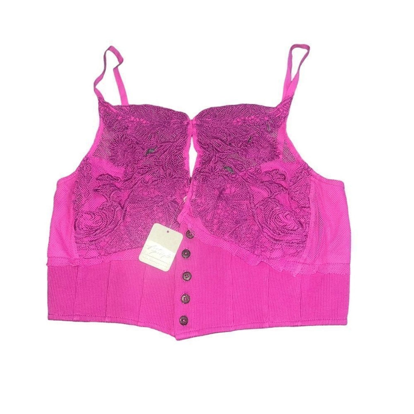 NWT Free People Have My Heart Tank Top Womens XL Pink Lace Corset Crop Cami