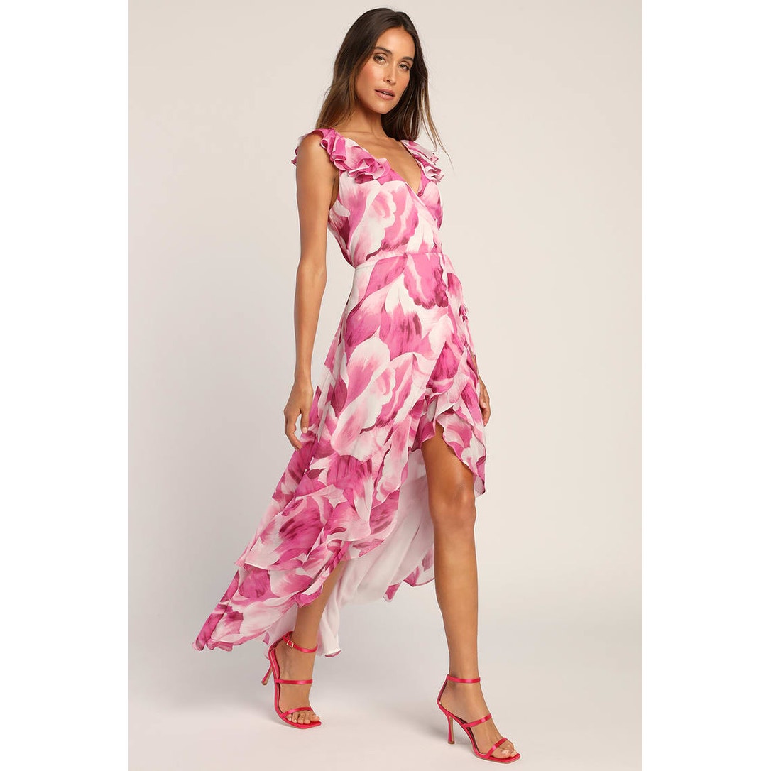 Lulus Women's XL Elevate the Occasion Pink Floral Ruffled Wrap High-Low Dress