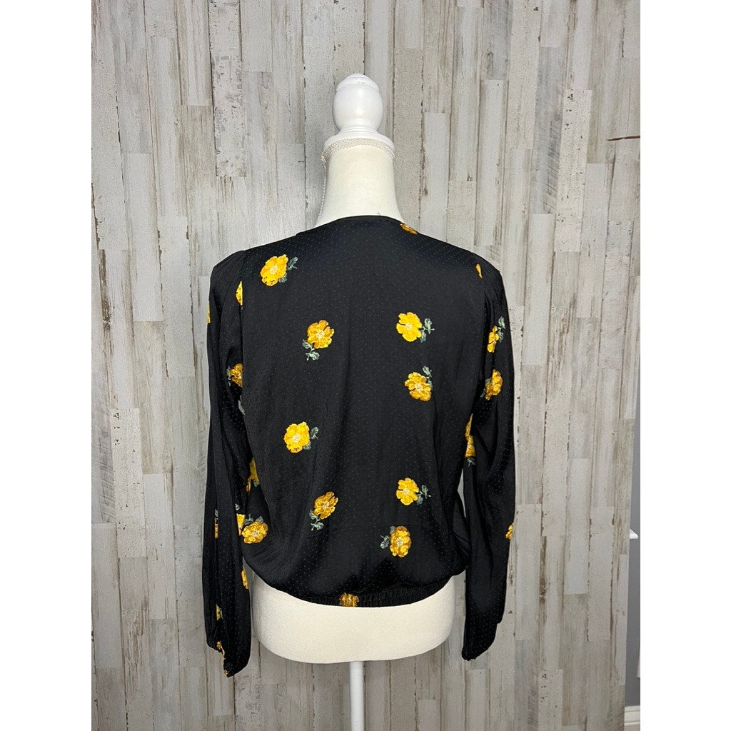 Madewell Women's Small Black Floral Wrap V-Neck Balloon Sleeve Blouse