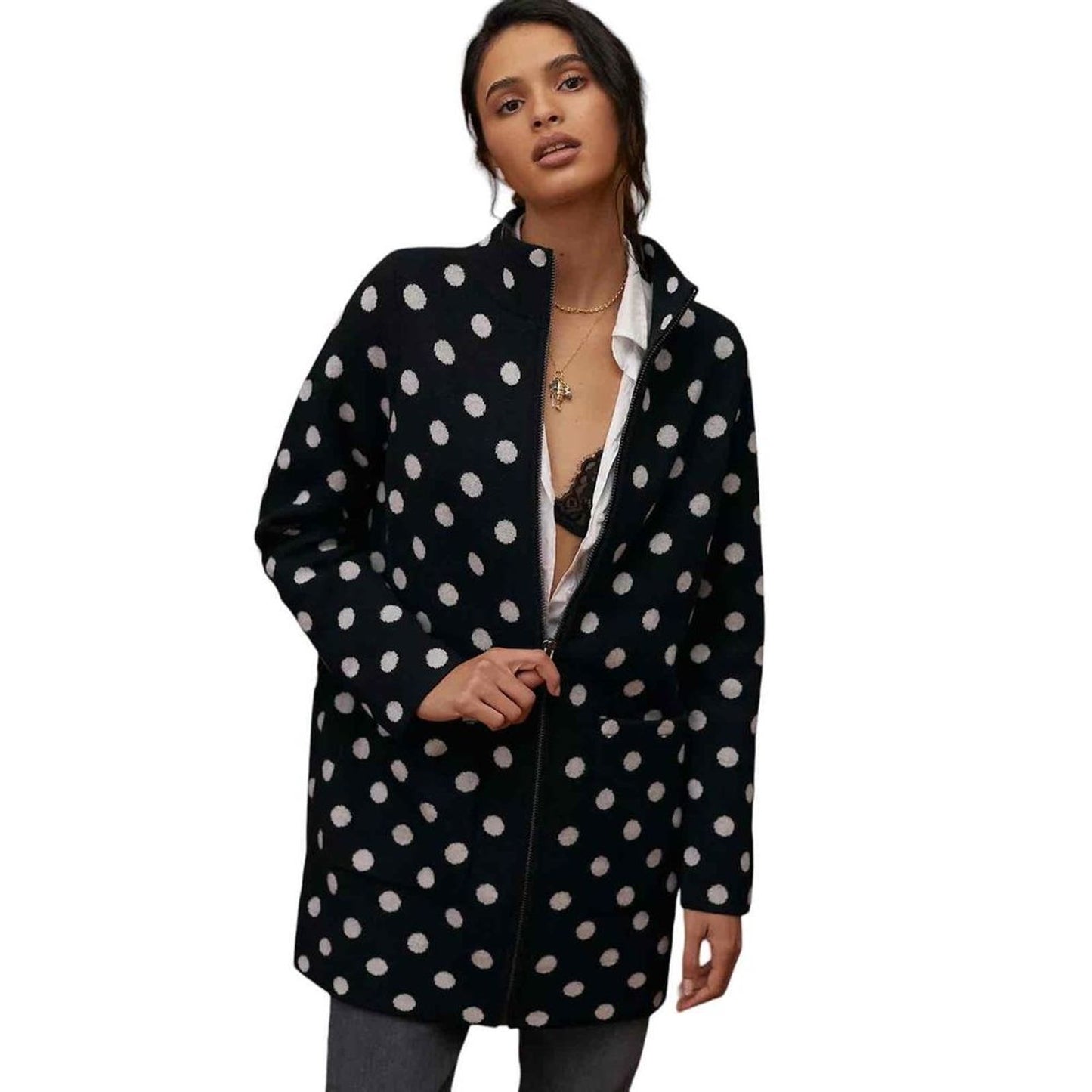 NWT Anthropologie Field & Flower Polka Dot Wool Sweater Coat Black Petite Medium