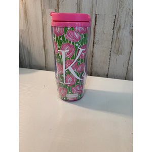 Lilly Pulitzer Travel Tumbler Cup Floral Monogram K Pink Lid 16 oz