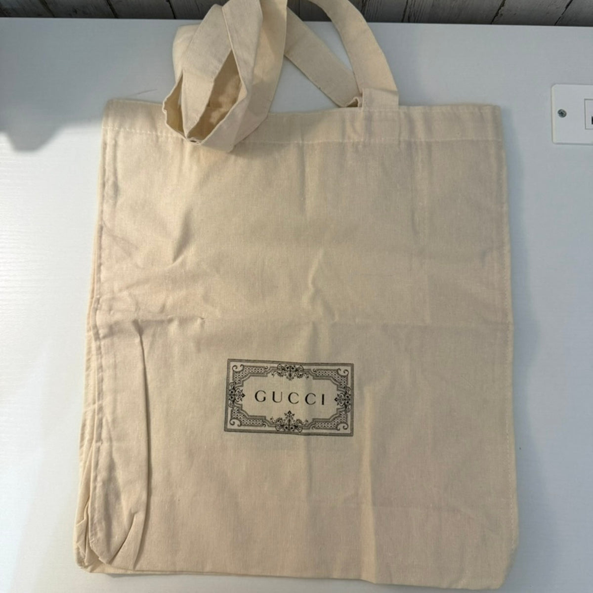 Gucci Tote Bag Womens Large Cream Beige Logo Print Open Top Reusable