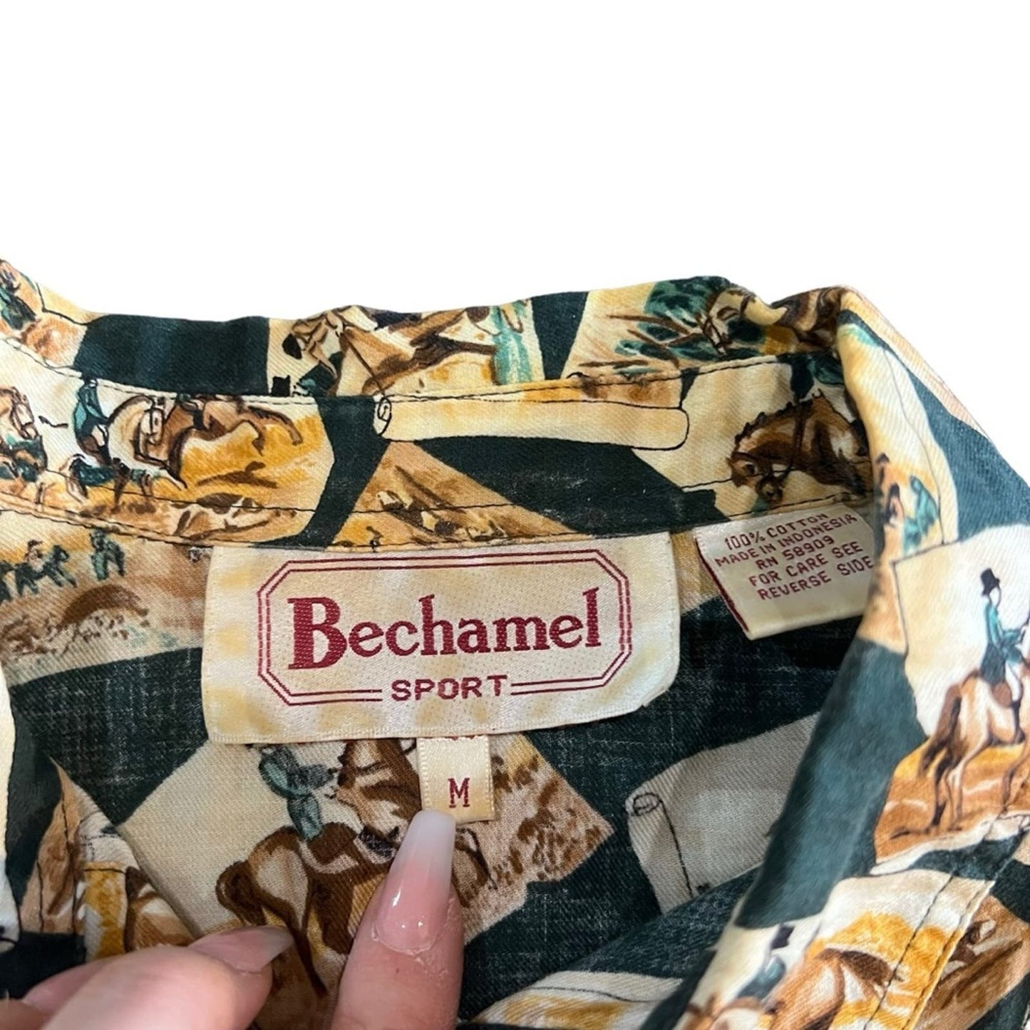Vintage Bechamel Sport Button Up Green All Over Print Horse Hunt Western Shirt