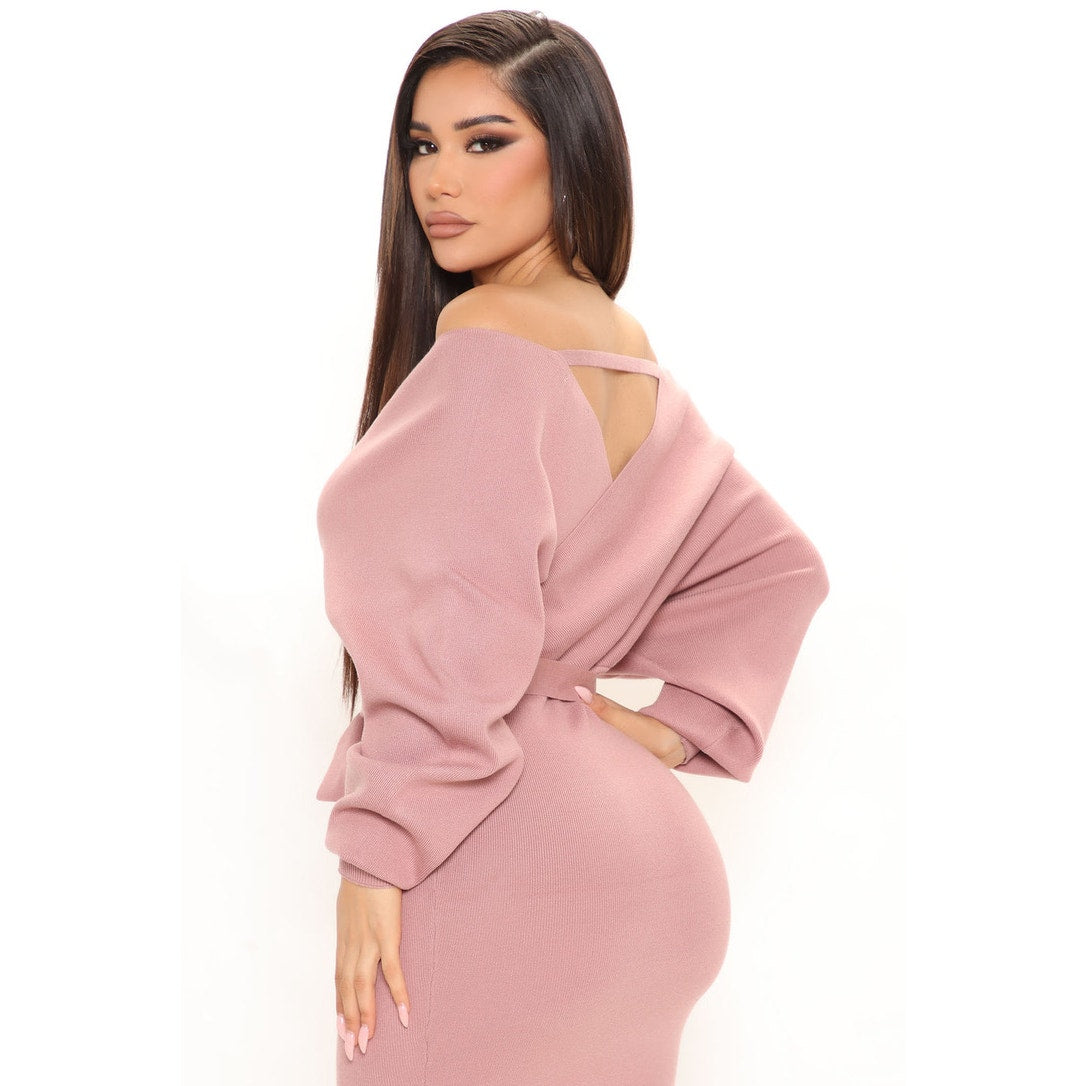 Fashion Nova Women's Mauve Sweater Mini Dress Off Shoulder Size Small