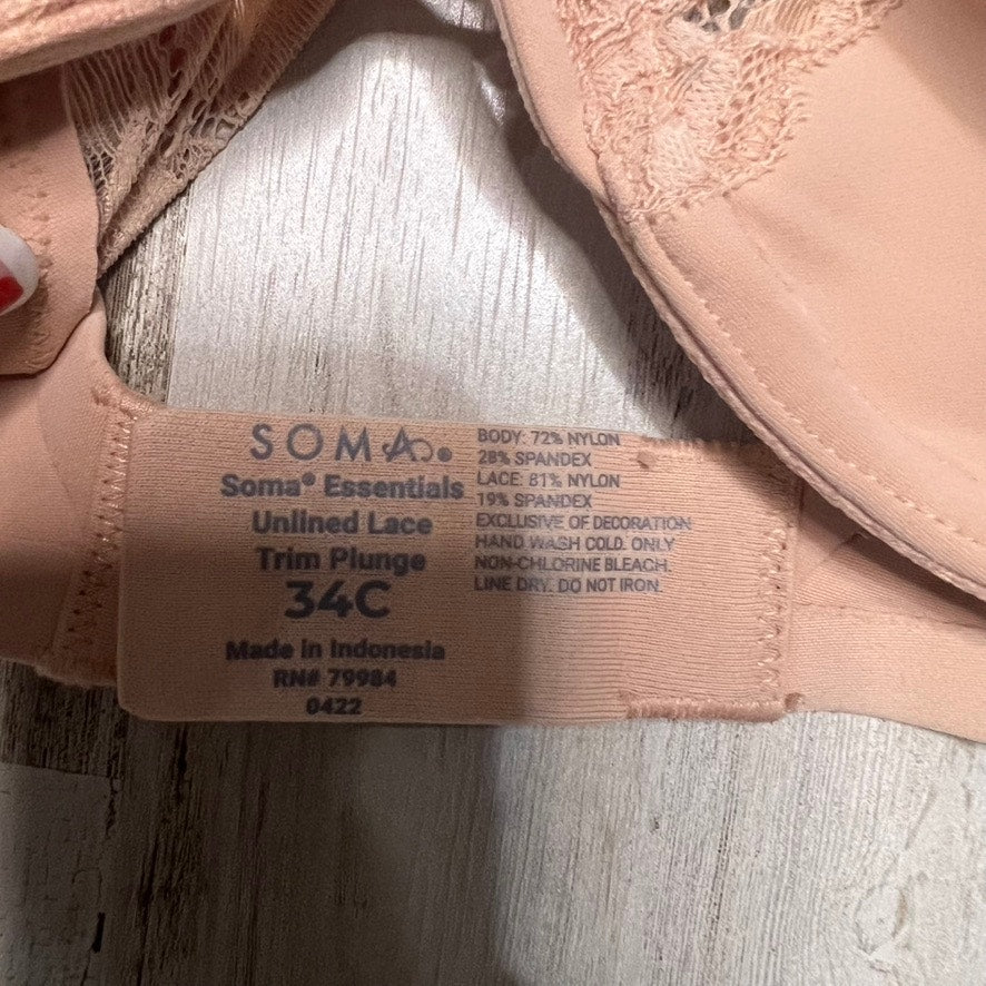 NEW Soma Women's Unlined Lace Trim Plunge Bra 34C Beige