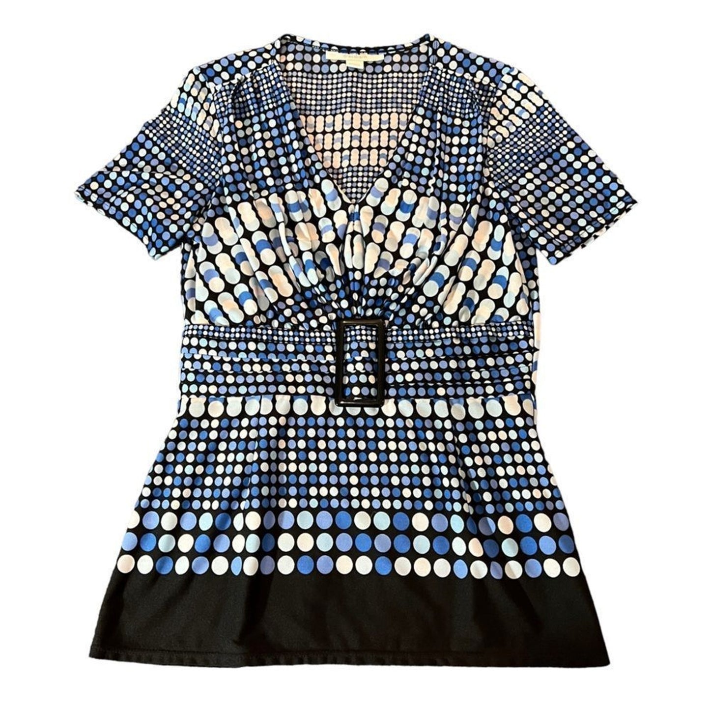 Dressbarn Tunic Blouse Womens Size 8 Blue White Black Geometric V-Neck