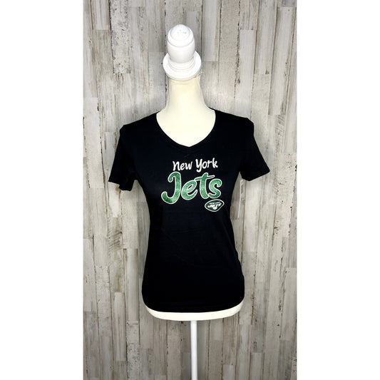 NWT New York Jets Youth Girl's Black V-Neck T-Shirt Sparkly Logo Size Small