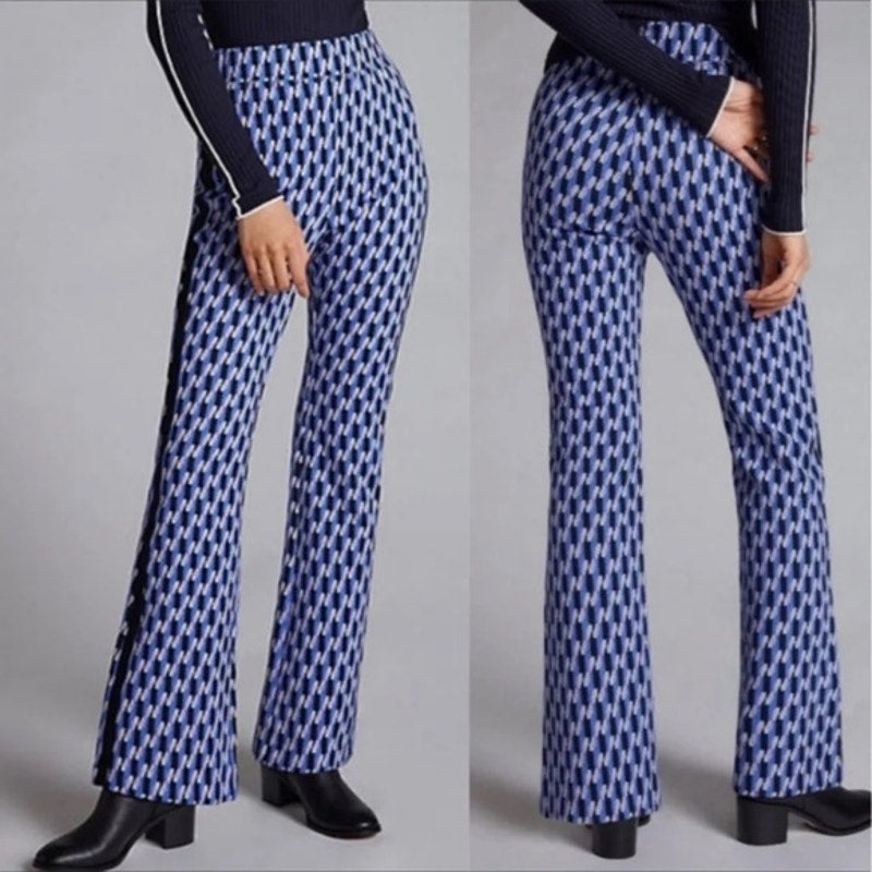 Maeve by Anthropologie Womens Small Blue/Black Geometric Print Ponte Flare Pants