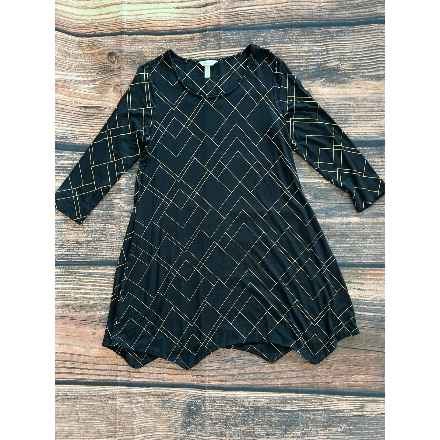 Soma Women's Medium Black & Gold Geometric Print 3/4 Sleeve Tunic Blouse