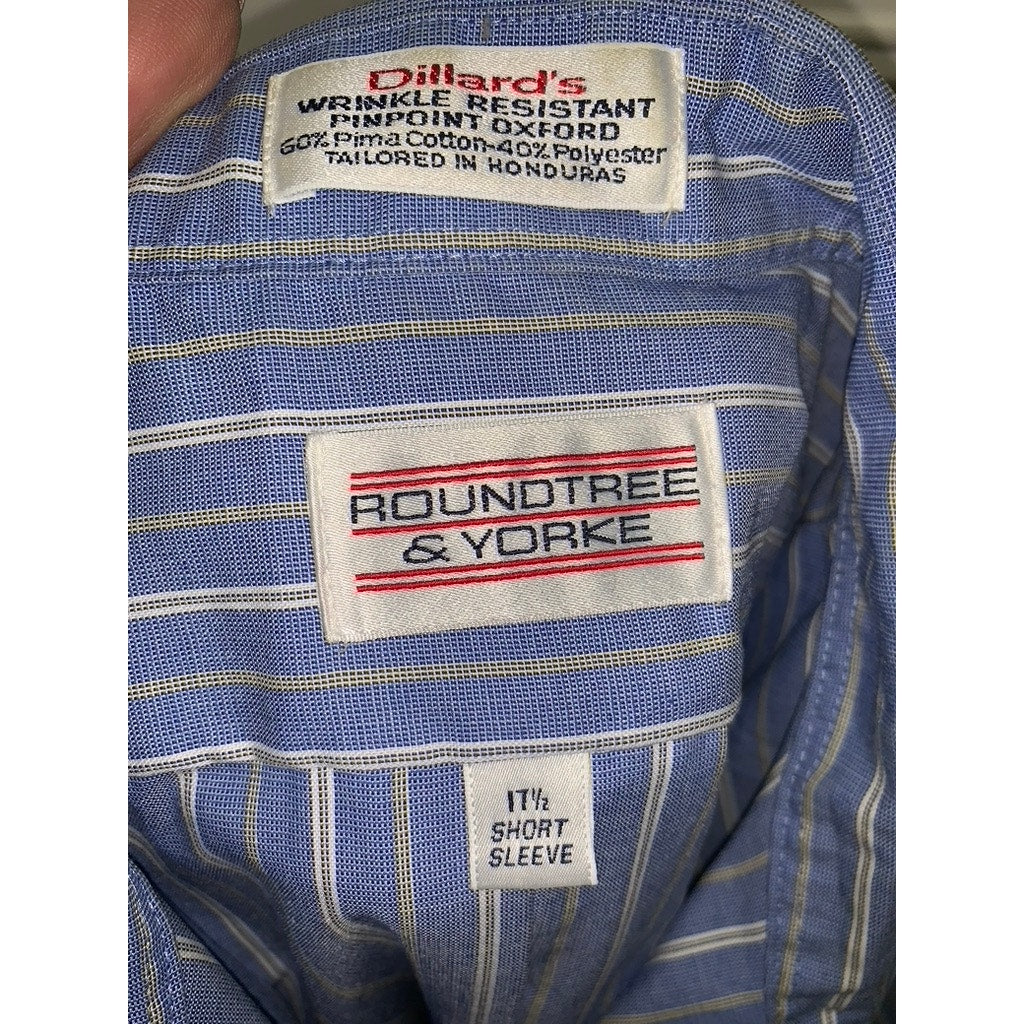 Roundtree & Yorke Men's Blue Striped Short Sleeve Button-Down Shirt Size 17.5
