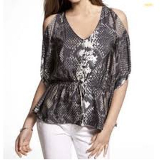 Express Women's Small Snake Print V-Neck Cold Shoulder Silky Blouse