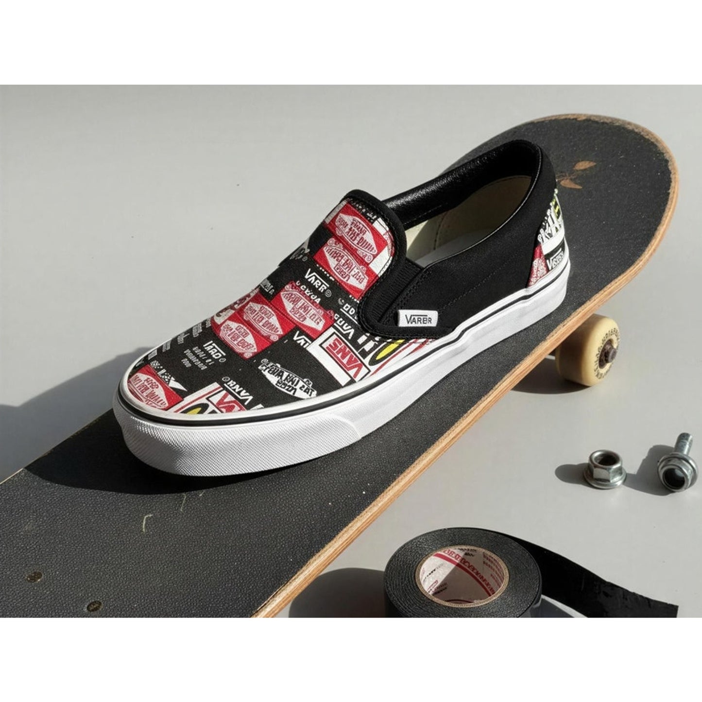 Vans Classic Slip-On Sneakers Black True White Logo Print Men's 5/ Women's 6.5