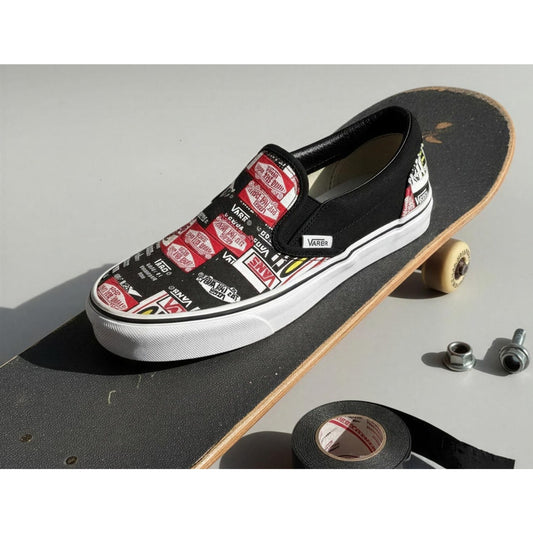 Vans Classic Slip-On Sneakers Black True White Logo Print Men's 5/ Women's 6.5