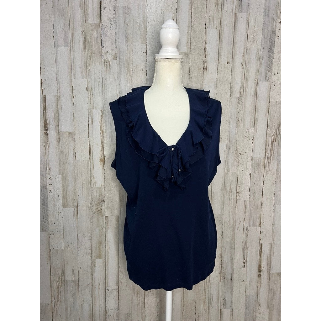 Chaps Women's 3XL Navy Blue Sleeveless Ruffle Collar Blouse Casual