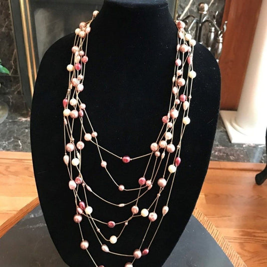 Multi-strand pink/gold/white long necklace 