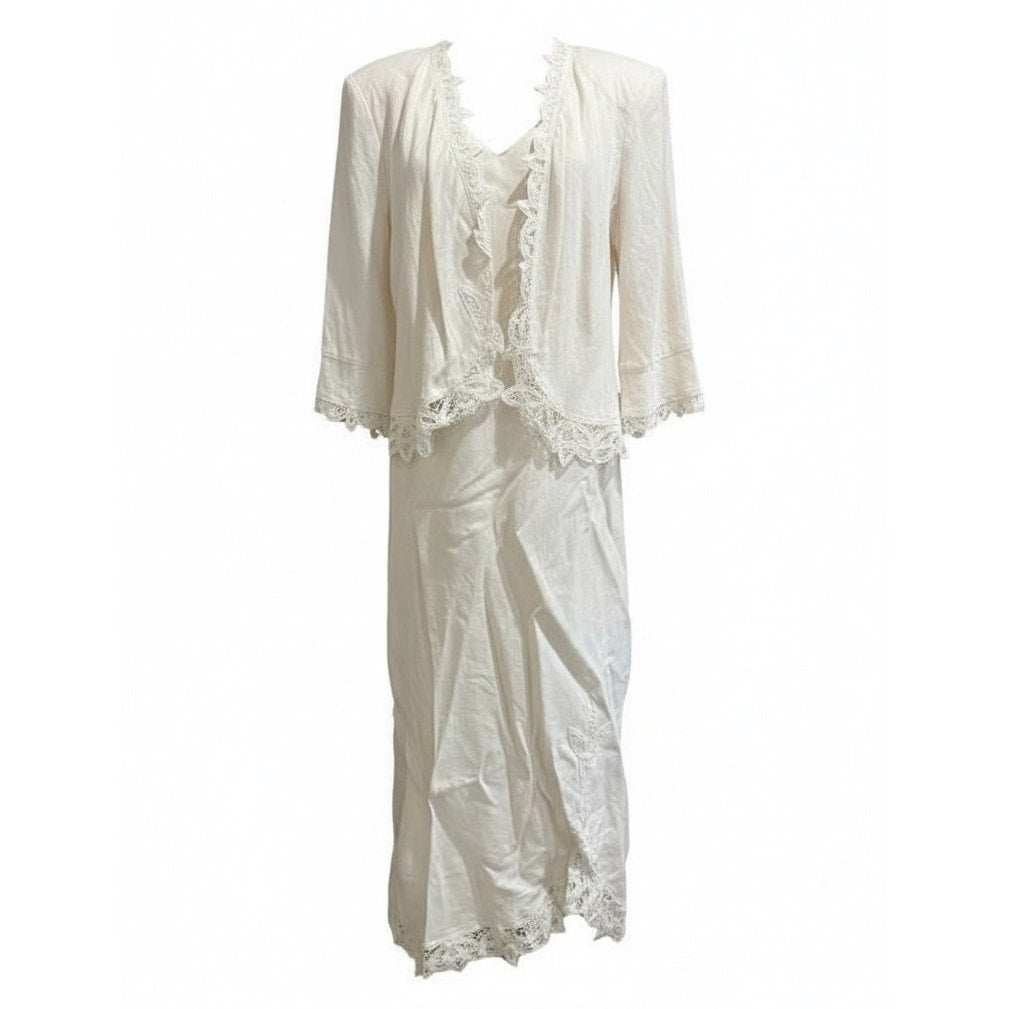NWT Plaza South 2pc White Linen Battenberg Lace Trim Maxi Dress & Jacket Size 10