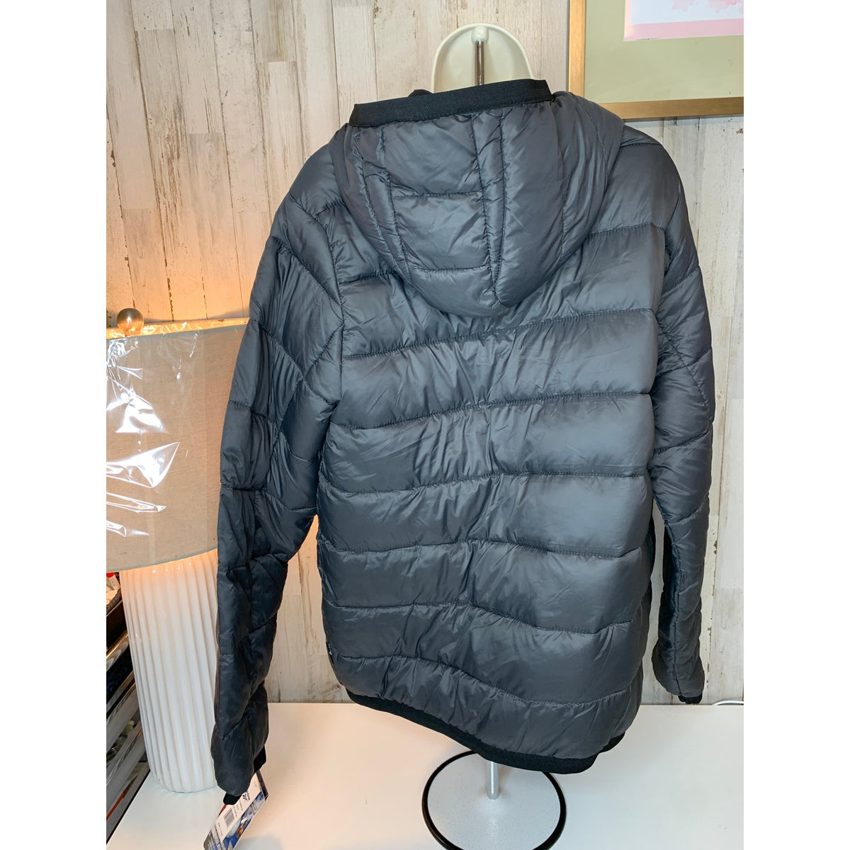 Reebok Puffer Jacket Mens Medium Charcoal Gray Hooded Full Zip Quilted