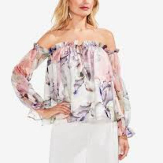 Vince Camuto Pink Ivory Floral Peasant Top Cottagecore Peasant Women's Small