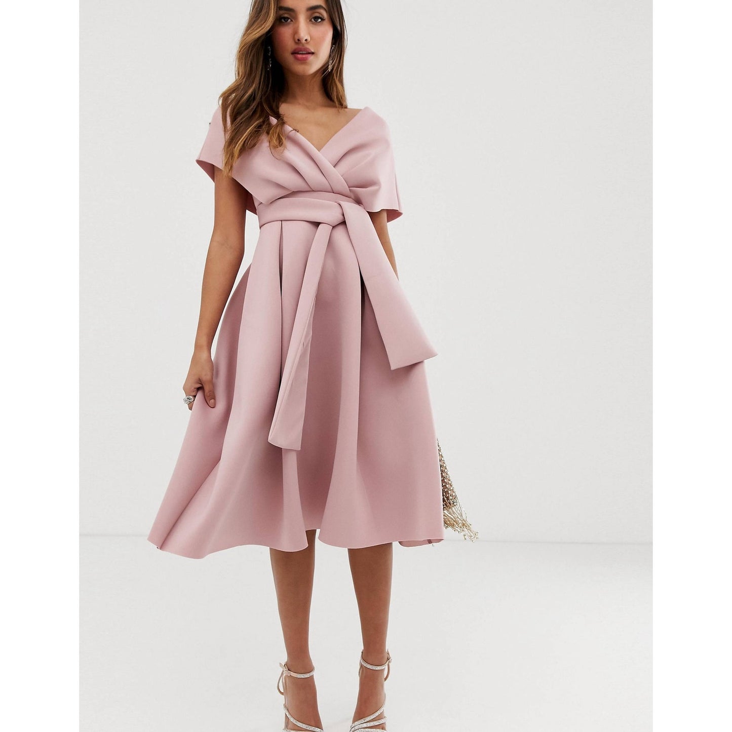 ASOS Design Women's Off Shoulder Midi Dress with Tie Detail - Rose Pink Size 4