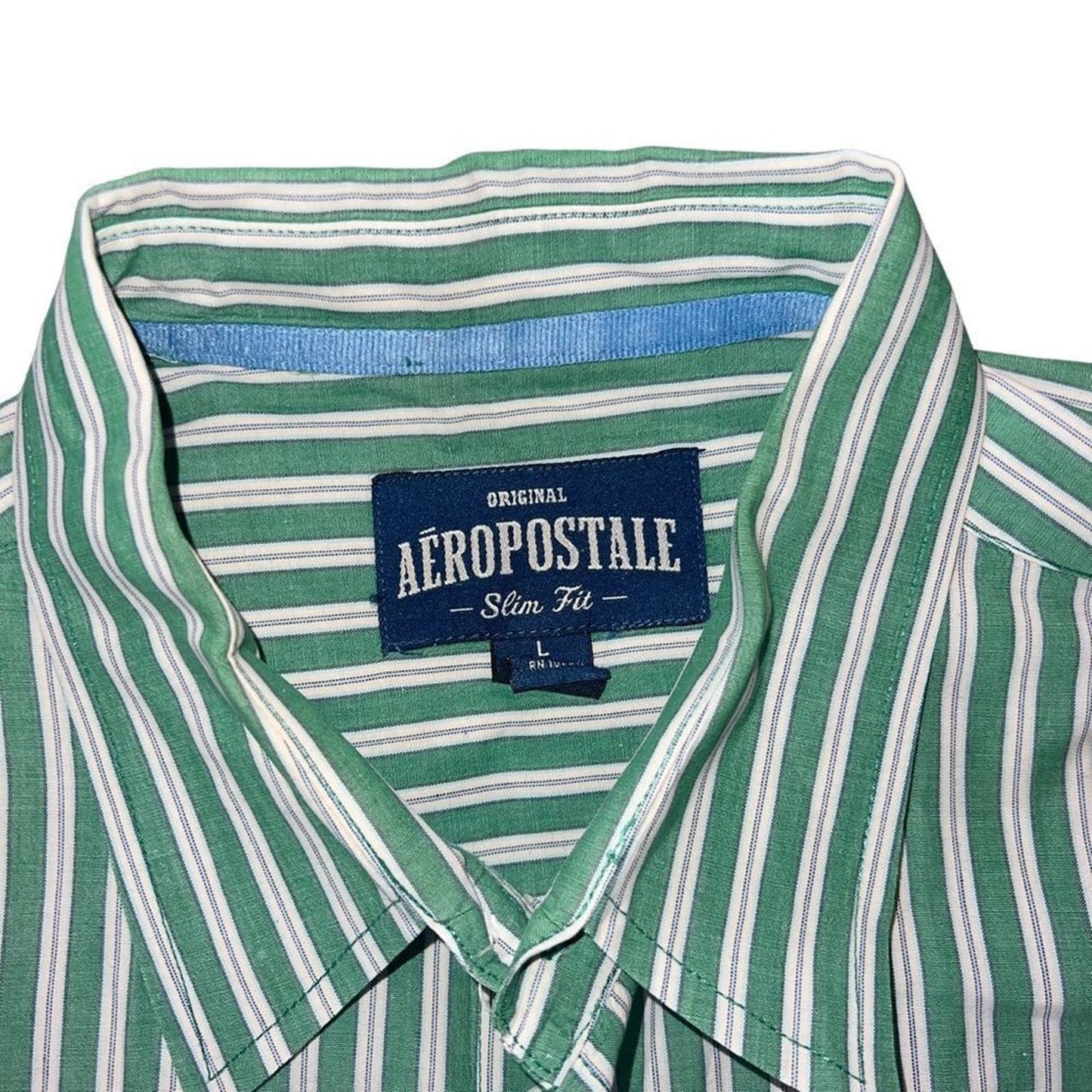 American Eagle Mens Cotton Button Down Green White Striped Dress Shirt Large