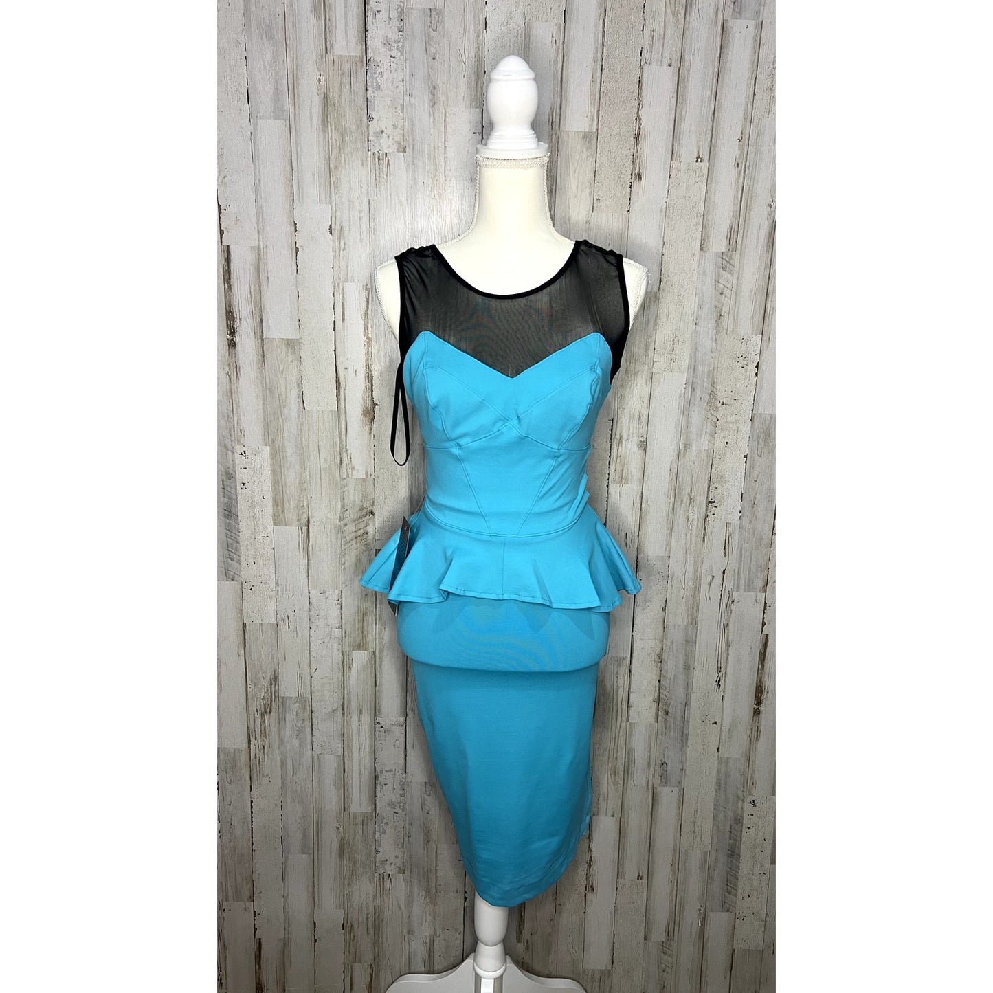 NWT Bebe Blue Mesh Yoke Sleeveless Peplum Midi Dress XS Party Cocktail