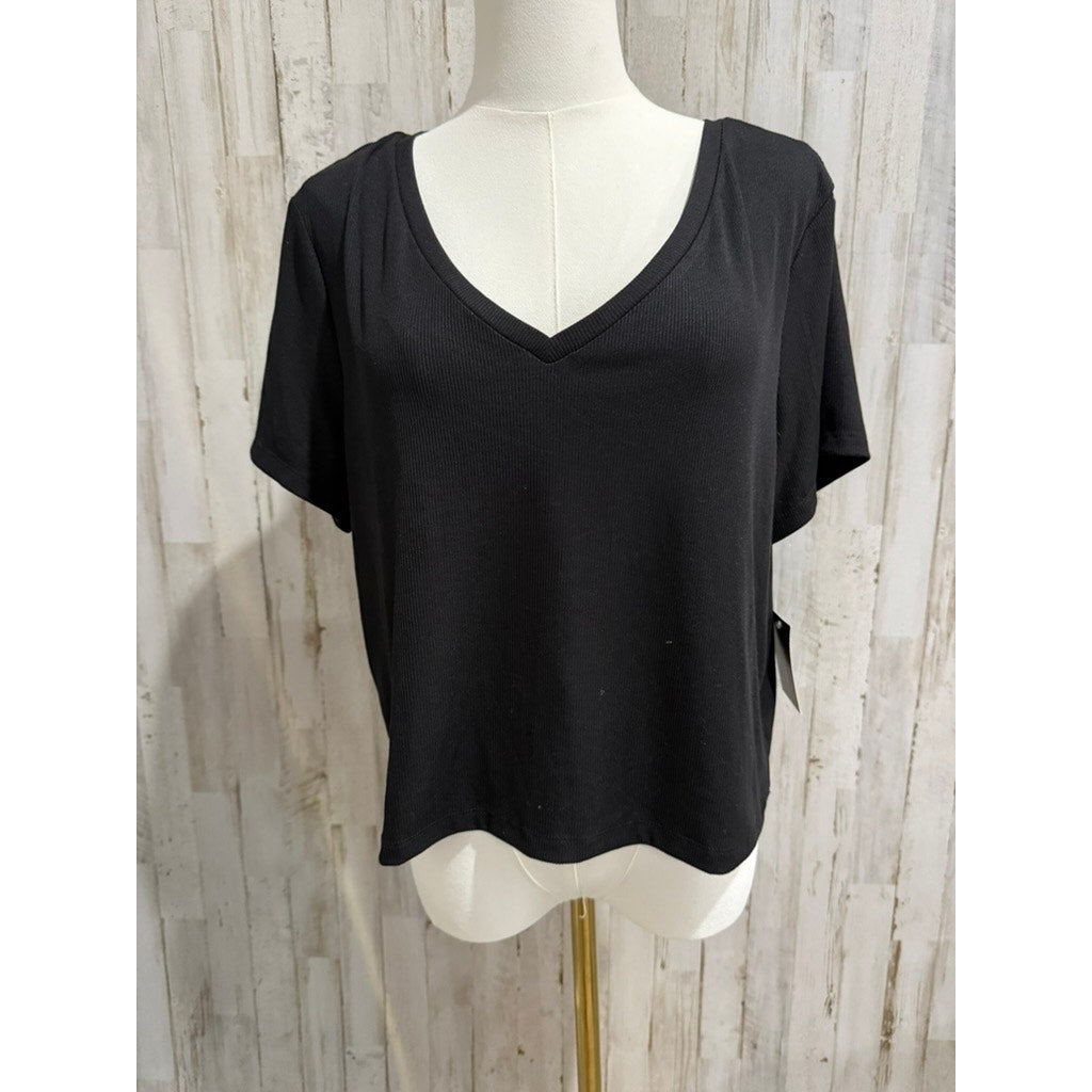 NWT No Boundaries T-Shirt Womens Juniors XXXL Black Ribbed V-Neck Short Sleeve