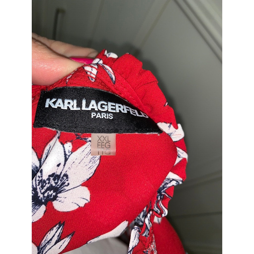 Karl Lagerfeld Paris Women's XXL Red Floral Ruffle Blouse Long Sleeve