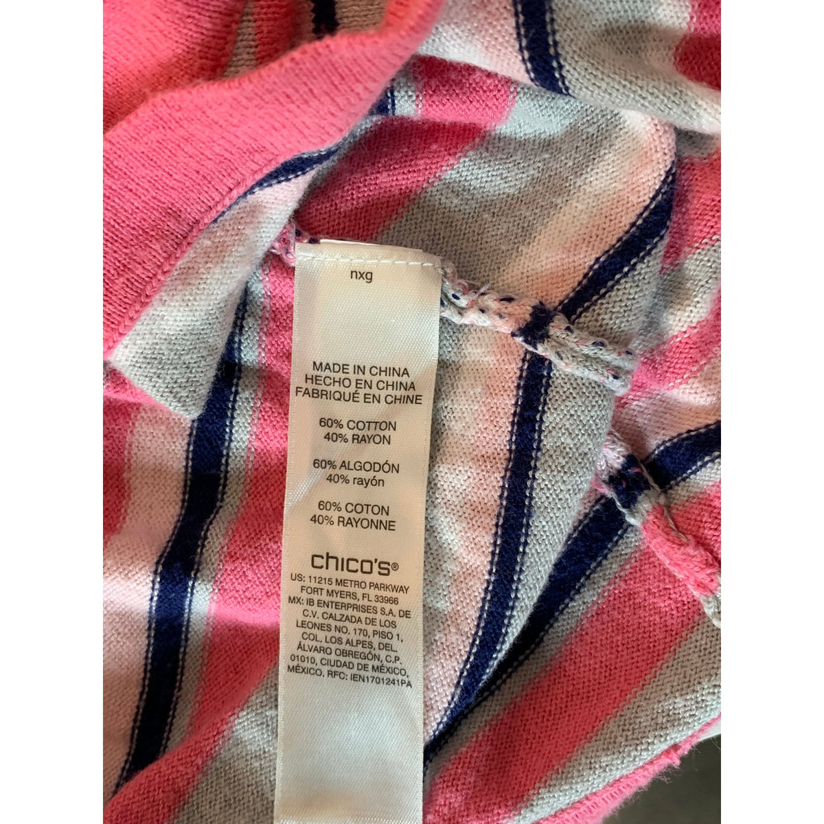 Chico’s Top Womens Extra Small Striped Knit Pullover 3/4 Sleeve Pink Gray Navy