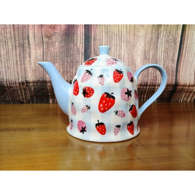 Grace Teaware Strawberry Gingham Tea Pot w/Lid Pink Red Blue
