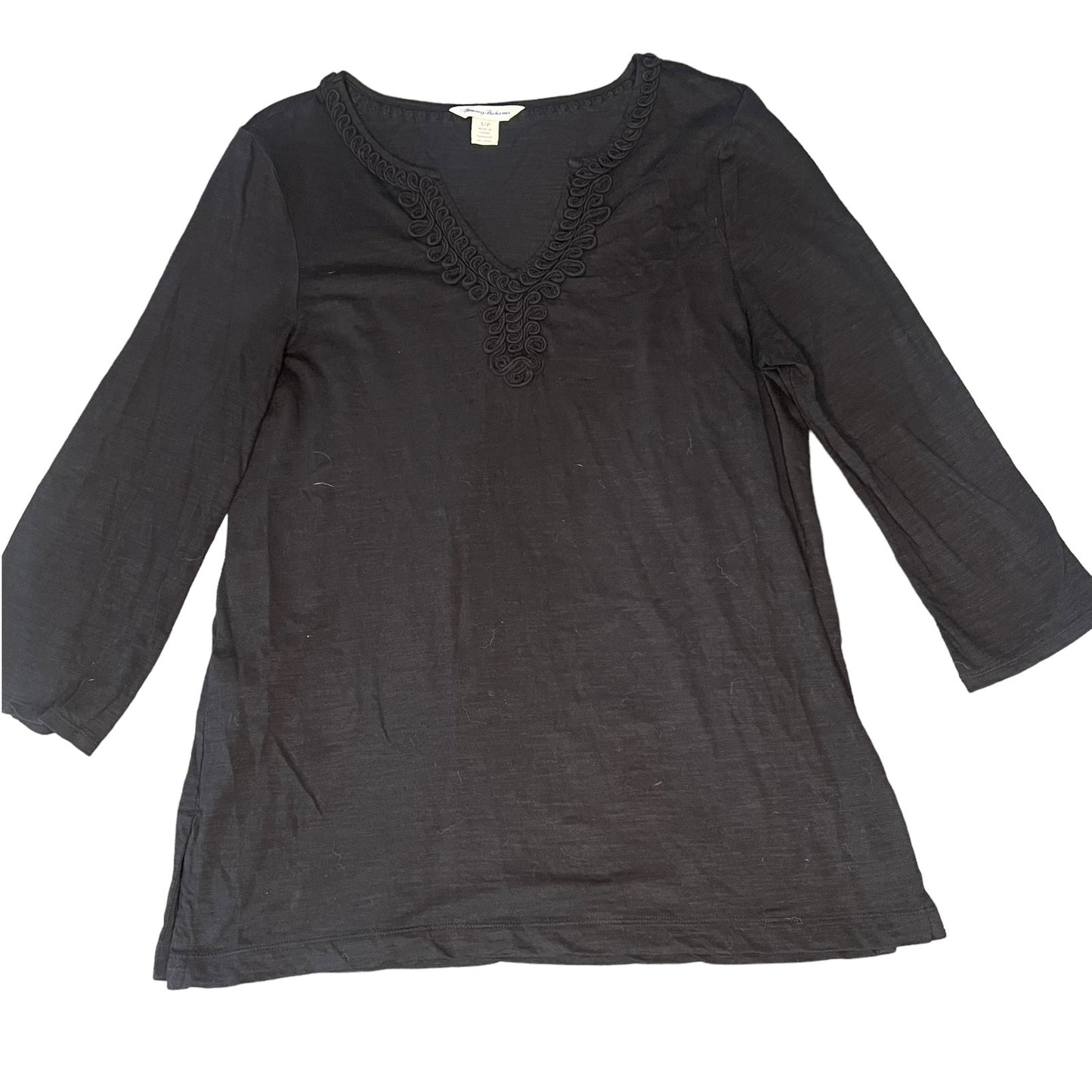 Tommy Bahama Women's Small Black 3/4 Sleeve V-Neck Blouse with Lace Detail