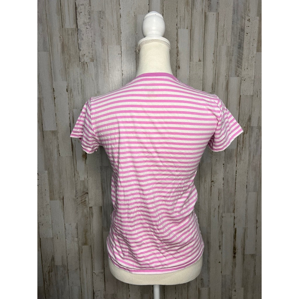 Polo Ralph Lauren Women's Striped T-Shirt Medium Pink & White Casual Crew Neck