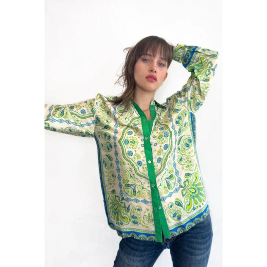Zara Women's Paisley Print Button-Up Blouse Green Blue Size Small