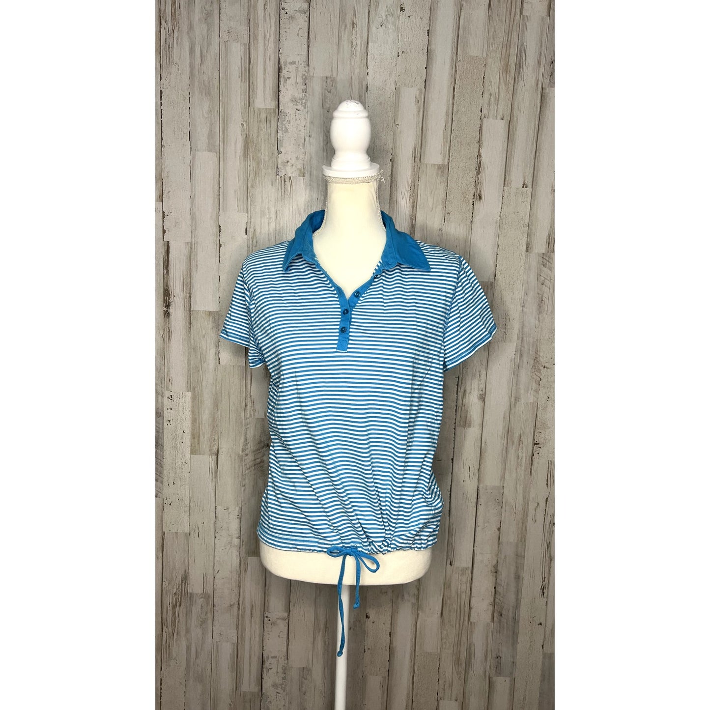 Kim Rogers Women's Large Blue Striped Polo Shirt w/ Drawstring Hem