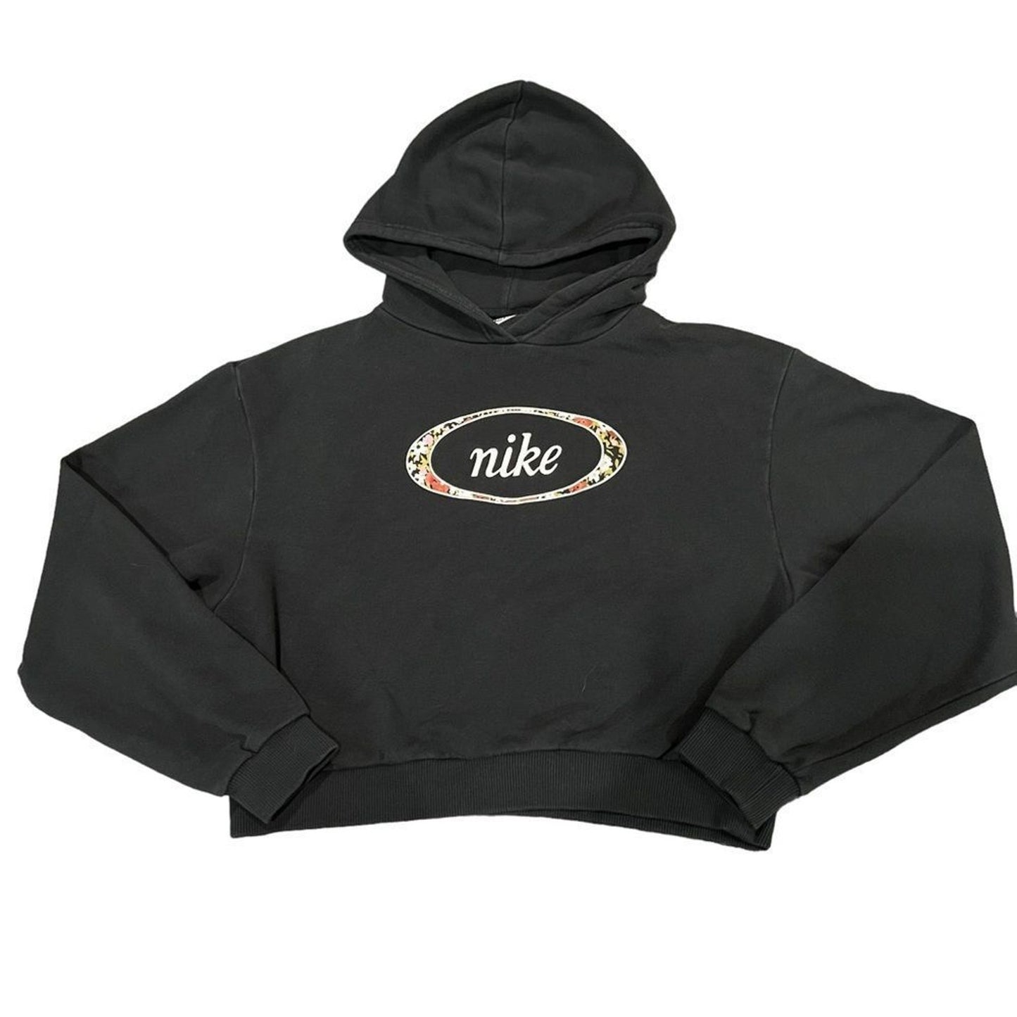 Nike Womens Cropped Pullover Hoodie Black Oval Script Logo Size XS