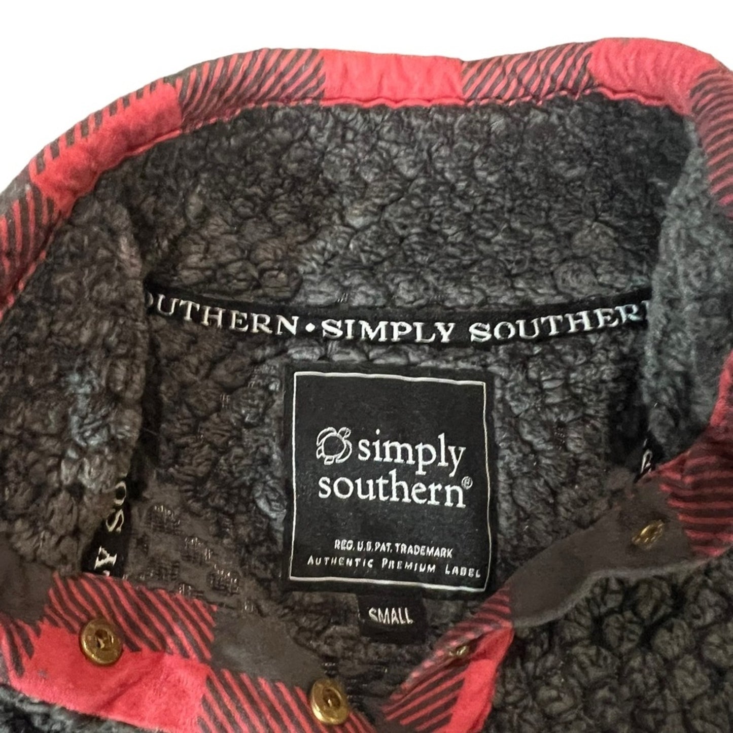 Simply Southern Sherpa Pullover Sweater Womens Small Gray Plaid Trim
