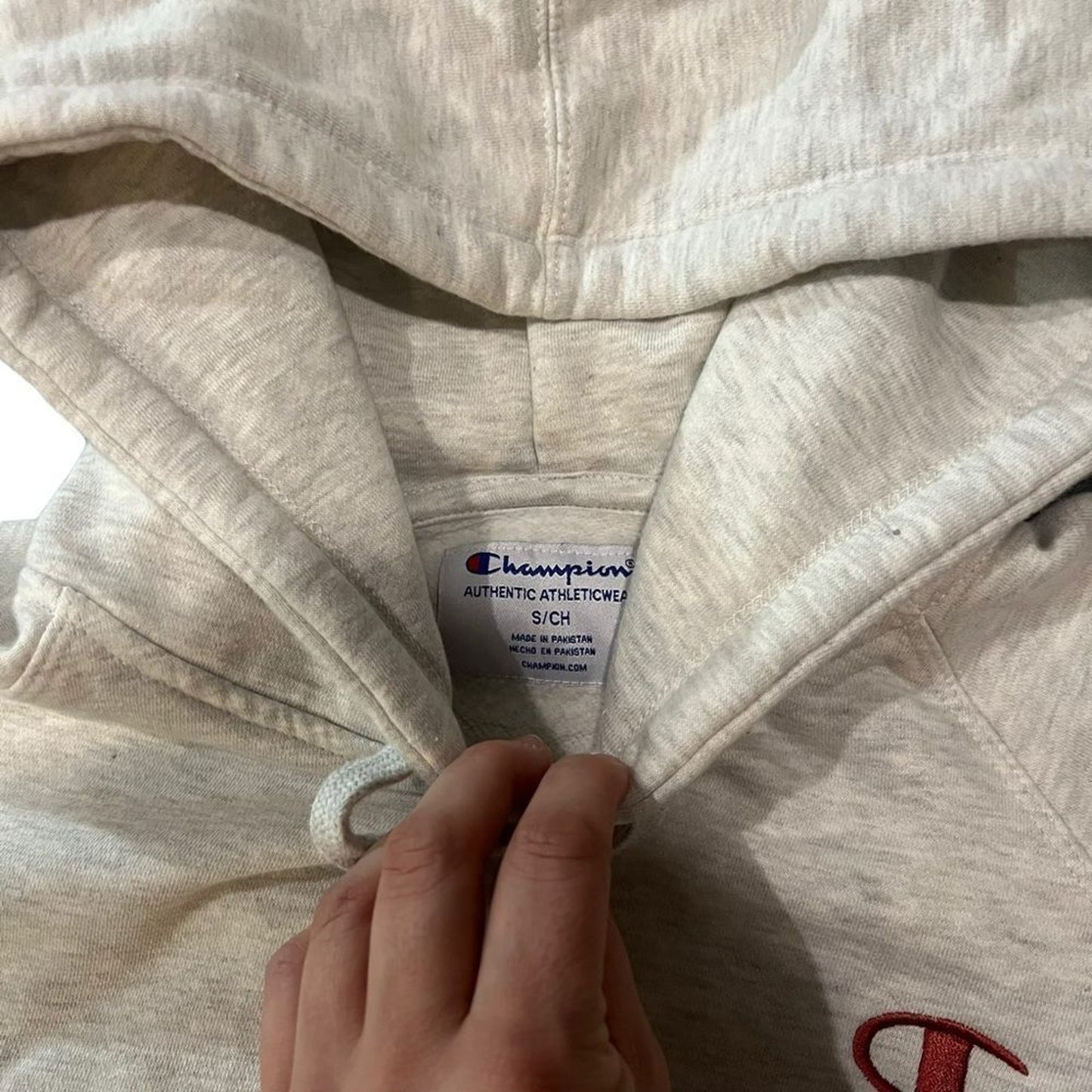 Champion Hoodie Womens Size Small Oatmeal Heather Pullover Script Sleeve Logo
